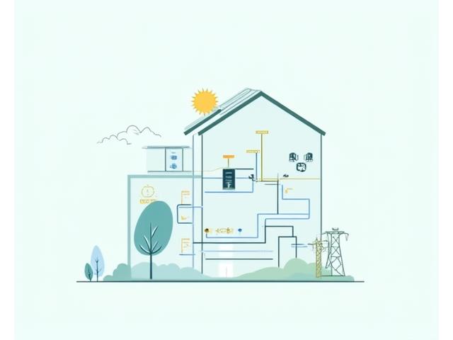Diagram showing solar panels on a house connected to a smart grid system and a battery storage unit